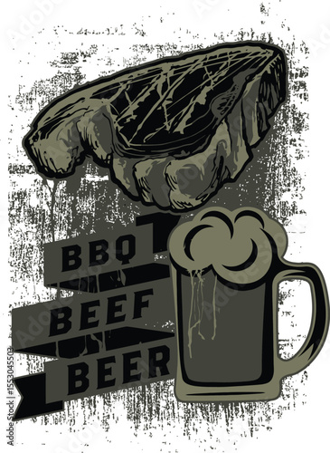  Photo of a juicy steak and a mug of beer with bbq text