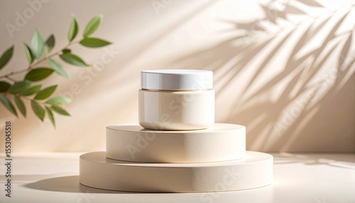 Ceramic-textured moisturizer jar standing on a layered podium with beige and cream tones, botanical shadow, premium eco skincare branding mockup