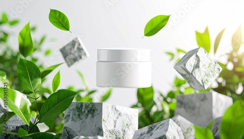 3d rendered moisturizer jar mockup floating mid-air with geometric stone blocks and green foliage, modern skincare product presentation