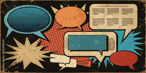 Retro comic book speech bubbles design provides a dynamic background with distressed textures and vibrant colors suitable for graphic projects.