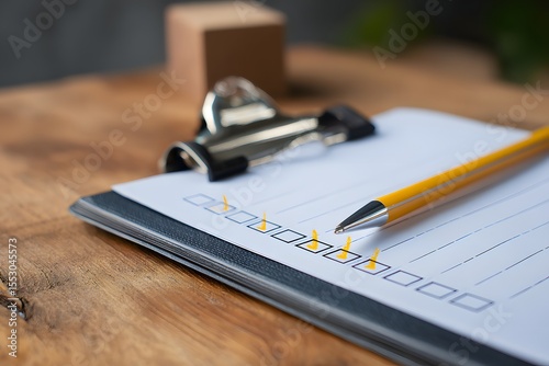 Checklist with Pen on Wooden Table.