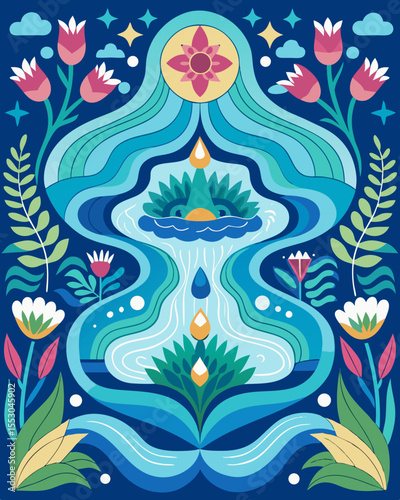 Discover a whimsical cascade of water amongst vibrant foliage, a beautiful natural arrangement ideal for creative projects and graphic design.