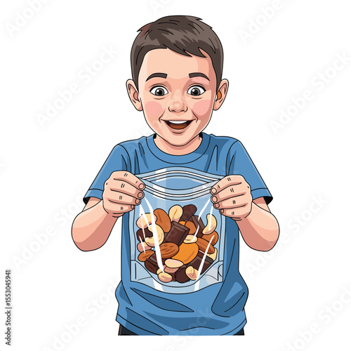 Happy Young Boy Holding Bag of Healthy Trail Mix Snack Cartoon Illustration