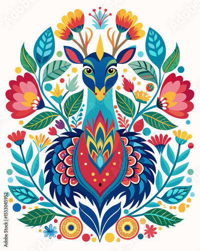 Ornate floral deer design featuring bright, colorful flowers and symmetrical leafy patterns, perfect for decorative arts, prints, and celebratory design.