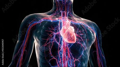 The human heart and blood vessels are depicted in a striking medical illustration showing the body's internal structure.