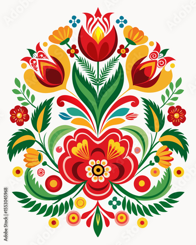 Vibrant floral design with folk art inspiration showcases red, yellow, and green colors, perfect for artistic projects.