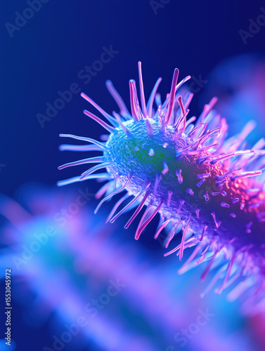 Close-up of glowing bacterium with colorful filaments on blue background. Abstract medical illustration representing infection, inflammation or microbiology research