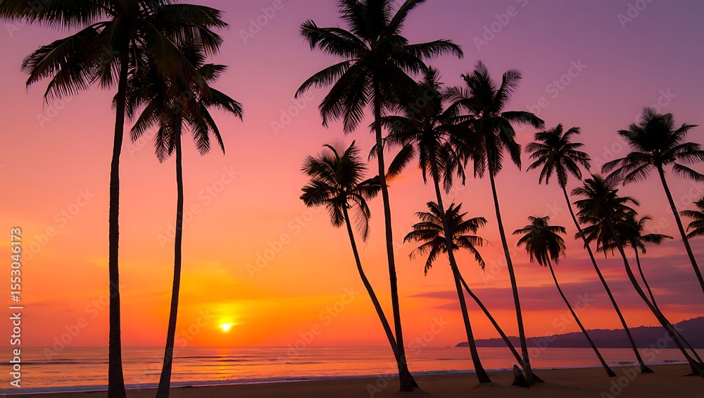 Obraz premium Tropical Sunset Palm Trees Beach Scene