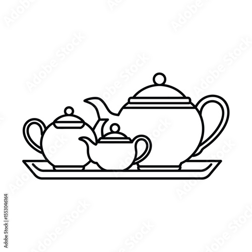 Three teapots on a tray line art black and white