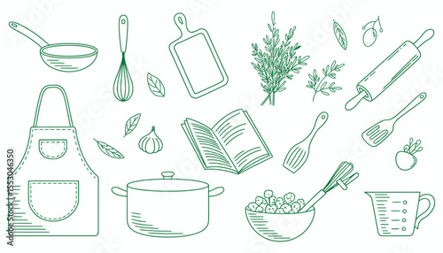 Seamless pattern vector illustration set of hand-drawn kitchen utensils, food, and cosmetics icons design