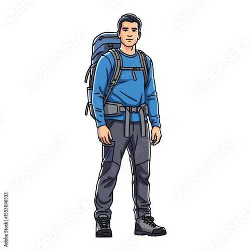 Adventurous hiker with backpack ready for outdoor exploration graphic illustration style
