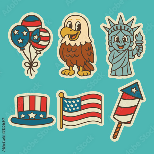 A fun sticker pack of 6 USA-themed illustrations: flag, eagle, statue of liberty, balloons, Uncle Sam’s hat, and firework. Perfect for July 4th clipart or celebration decor.
