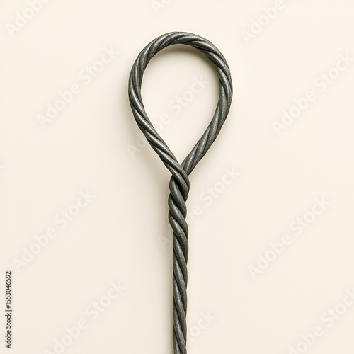 Twisted Dark Gray Wire Loop on Light Beige Background – Braided Metal Cord with Woven Texture and Metallic Sheen for Industrial, Craft, and Design Applications