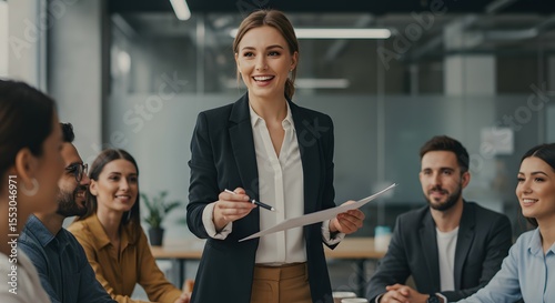 Confident businesswoman leads team meeting, holding documents and smiling warmly at colleagues in a modern office setting