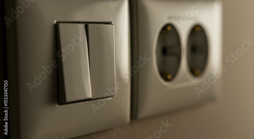 Close-up on a modern electric wall socket with two outlets and a light switch, showcasing contemporary home interior design and electrical fixtures in a clear, focused shot