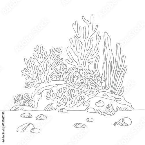 Undersea Coral Reef Scene with Rocks and Algae Line Art
