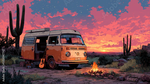 A retro camper van parked in the desert at sunset, with a campfire and a guitar. Nostalgic road trip illustration with a warm, lo-fi anime aesthetic.