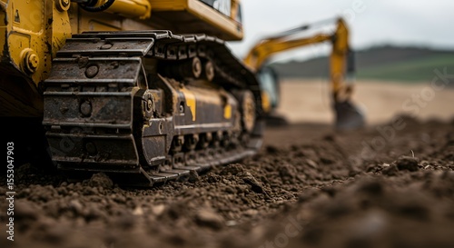 Heavy Construction Machinery Crawler Tracks closeup on a construction site, digging and earthmoving equipment in action during daytime on a large project