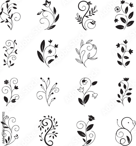 Collection of elegant black floral and vine decorative elements with leaves and flowers