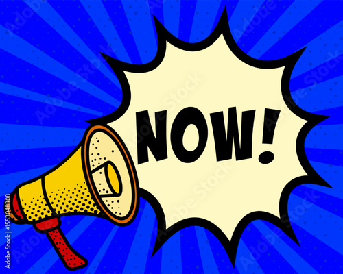Now announcement speech bubble. Megaphone, speech burst, comic style, bright background, communication element, expression tool, voice projection, information sharing, pop art design.