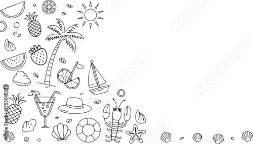 Summer Beach Doodle Icons with Fruits Palm Tree Sea and Vacation Elements