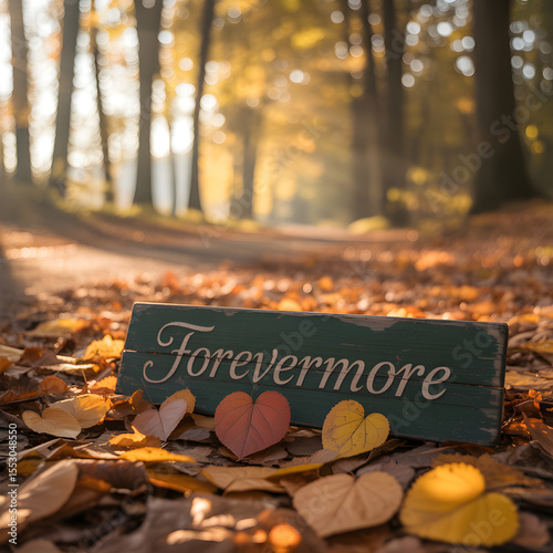 Wallpaper Mural A rustic sign reading forevermore rests on a bed of autumn leaves in a sundappled forest path Torontodigital.ca
