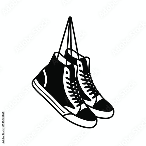 Hanging high top sneakers in black and white illustration style