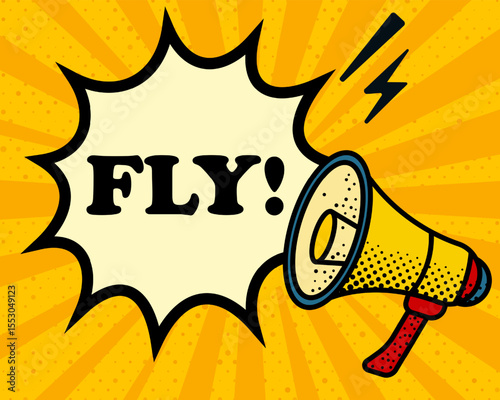 Fly speech bubble. Megaphone, lightning, speech burst, sound lines, pop art style, loudspeaker, public speaking, yellow background, expression, voice, alert, broadcast