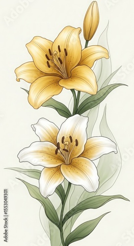 Two Lilies Yellow White Flower Stem Green Leaves Botanical Illustration