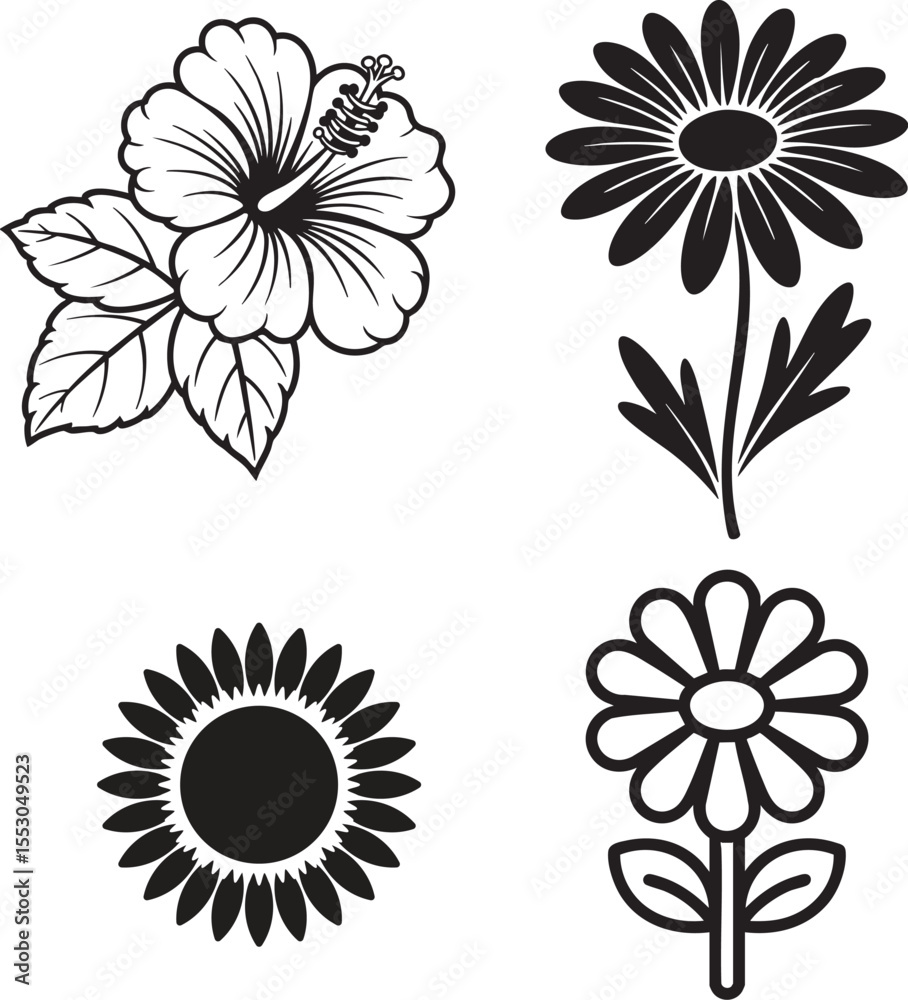 Fototapeta premium Collection of four black and white floral silhouette icons on a white background