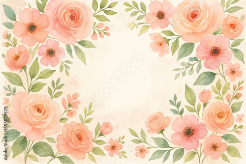 Vintage floral background with romantic pink roses, elegant frame, and decorative hearts for a wedding or Valentine's Day card design