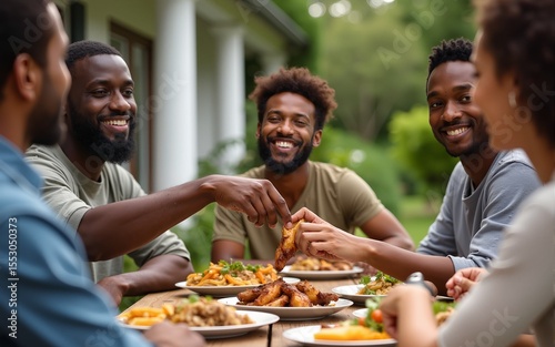 Group multi-ethnic friends having lunch at farmhouse table - Diverse young people sitting at home during bbq party -  African guy taking the grilled chicken wings by hands. High quality