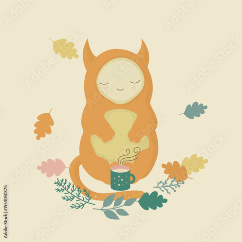 Illustration of a cartoon cute orange monster with a mug of hot tea with milk. Friendly character enjoys a tea time in the autumn forest. Cozy and kind design for nurseries, children's products.