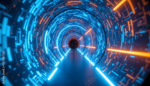 The elongated passageway is bathed in alternating hues of azure and tangerine, the light sources embedded within the structure itself