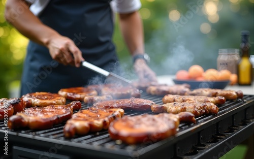 Man in an apron grilling meat on the grill at home, outdoor barbecue party with family and friends. High quality
