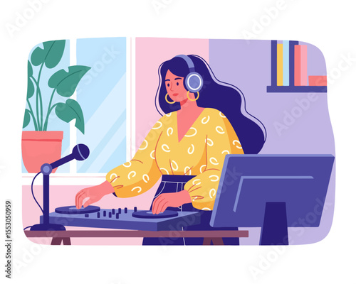 A focused female DJ with headphones on mixes music on her turntable in a vibrant home studio. Vector Illustration