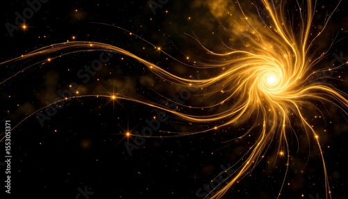 A dark, expansive canvas evokes the infinite depths of the cosmos, where ethereal golden light streams and dances