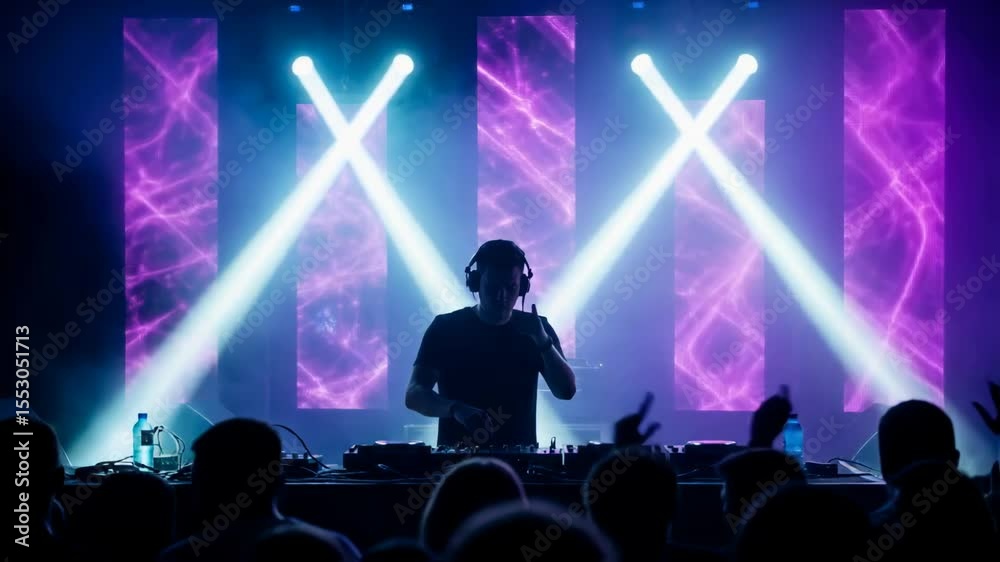 Dj silhouette wearing headphones mixes music on an illuminated stage before a crowd, bright crossing spotlights creating an energetic concert atmosphere, representing nightlife and the music entertain