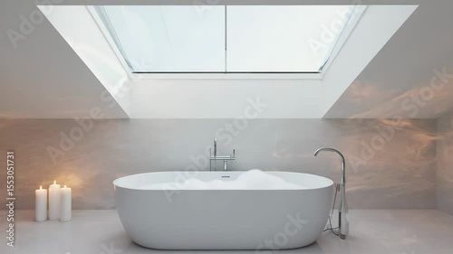 A modern bathroom featuring a freestanding white bathtub, large skylight, and candles on a marble surface. The design is minimalist and elegant.