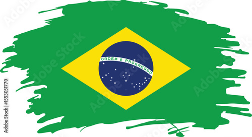 brazil national flag with brush stroke style featuring green field yellow diamond and blue globe emblem

