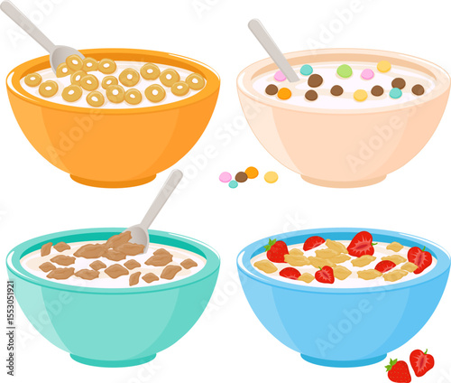 Set of bowls of breakfast cereal in different flavors. Cereal breakfast bowl set, cornflakes with milk, chocolate, strawberries fruits. Corn flakes and porridge oatmeal. Vector illustration