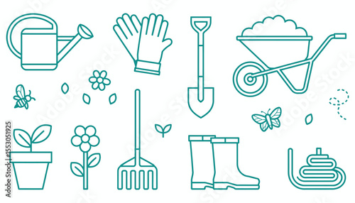 A vector icon set of kitchen and cleaning tools, featuring illustrations of cooking utensils like spoons, knives, pots, and pans