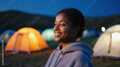 A young African woman smiles while camping at night. Colorful tents are set up in the background, surrounded by nature. The scene captures the essence of outdoor adventure and eco travel.