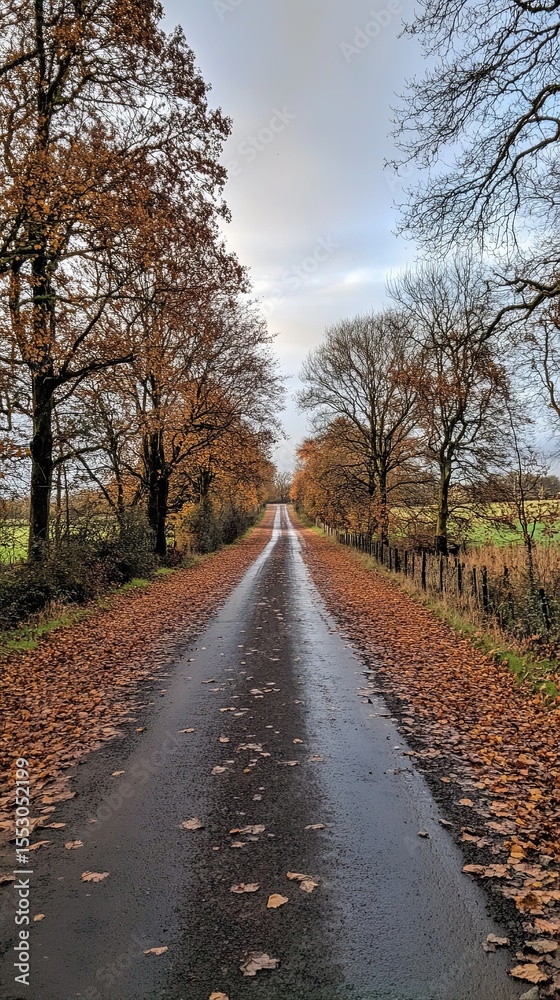 Fototapeta premium Quiet country road bordered by autumn leaves.