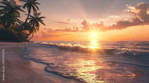 Amazing sunset over the beach with palm trees. The warm colors of the sky and the gentle waves of the ocean create a peaceful and relaxing scene.