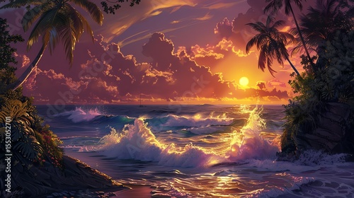 Amazing sunset over the ocean. The warm colors of the sky and the gentle waves create a peaceful and relaxing scene.
