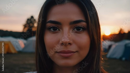 A young Hispanic woman with long brown hair stands in a campground at sunset. Tents are visible in the background, surrounded by trees and nature.