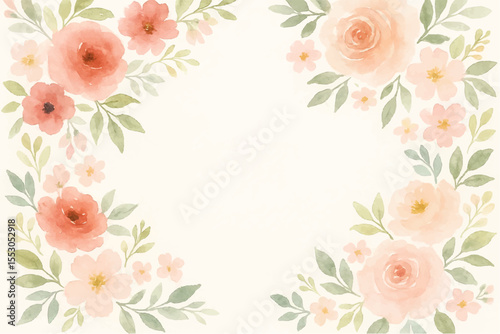 Vintage floral background with romantic pink roses, elegant frame, and decorative hearts for a wedding or Valentine's Day card design