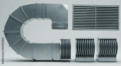 Industrial ventilation system components including metal ducts, grilles, and air vents, showcasing HVAC equipment and infrastructure for building climate control solutions