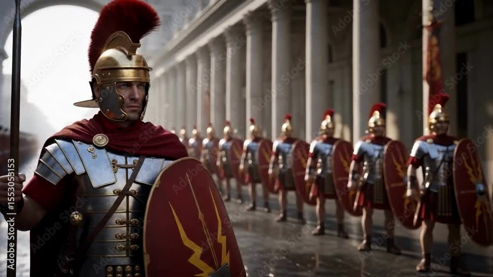 Roman centurion leads a disciplined legion of soldiers in full armor standing in formation along a classical colonnade, representing ancient history, military power and strategic order